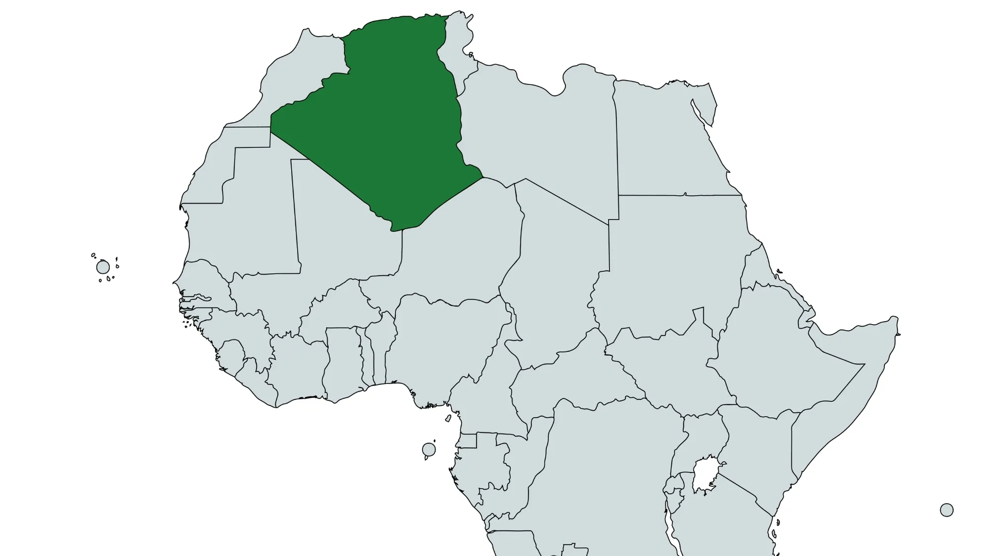 A map of Africa with Algeria highlighted in green, part of a World Countries Quiz about bordering nations.