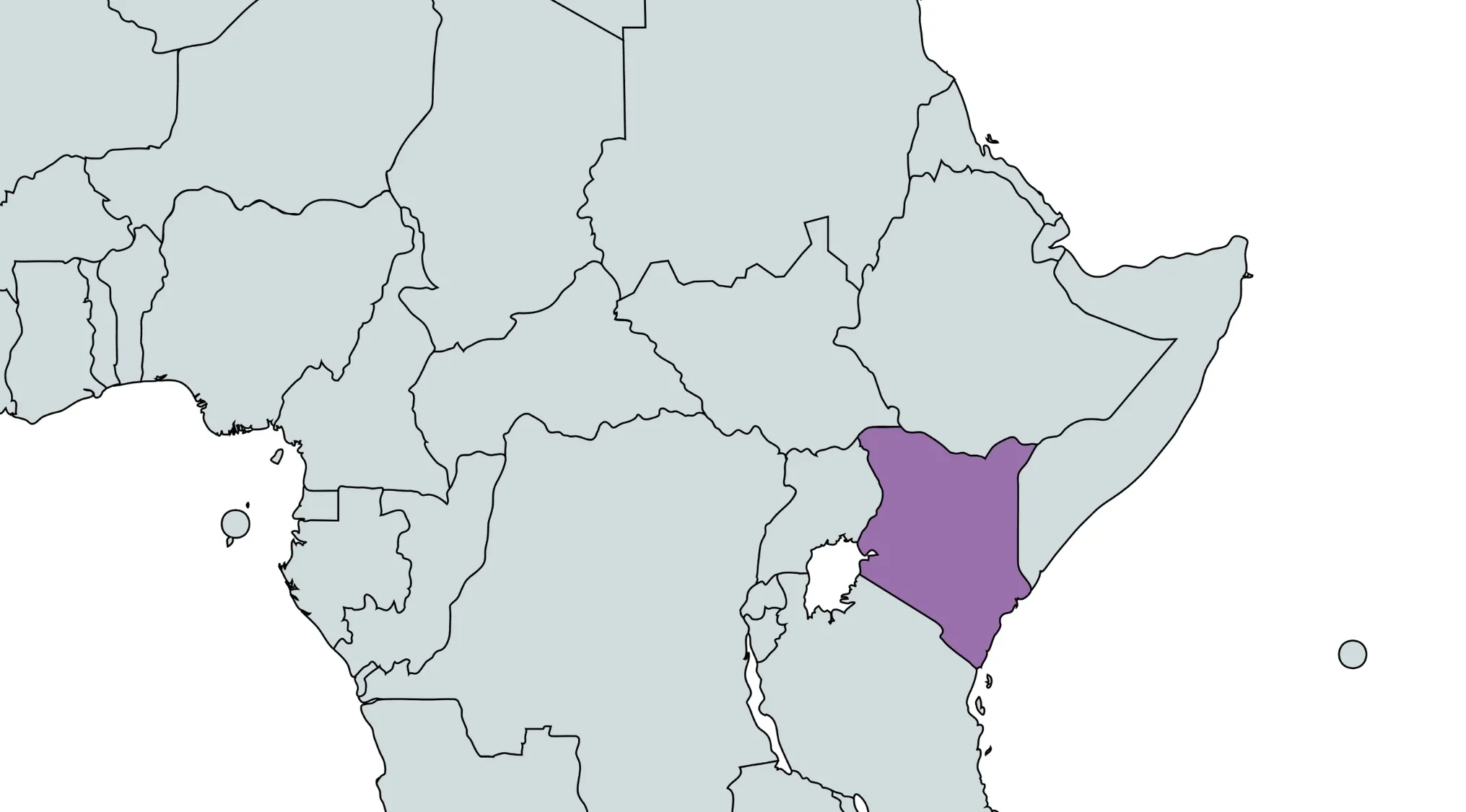 A map of Africa with Kenya highlighted in purple, used in a World Countries Quiz about neighboring countries.