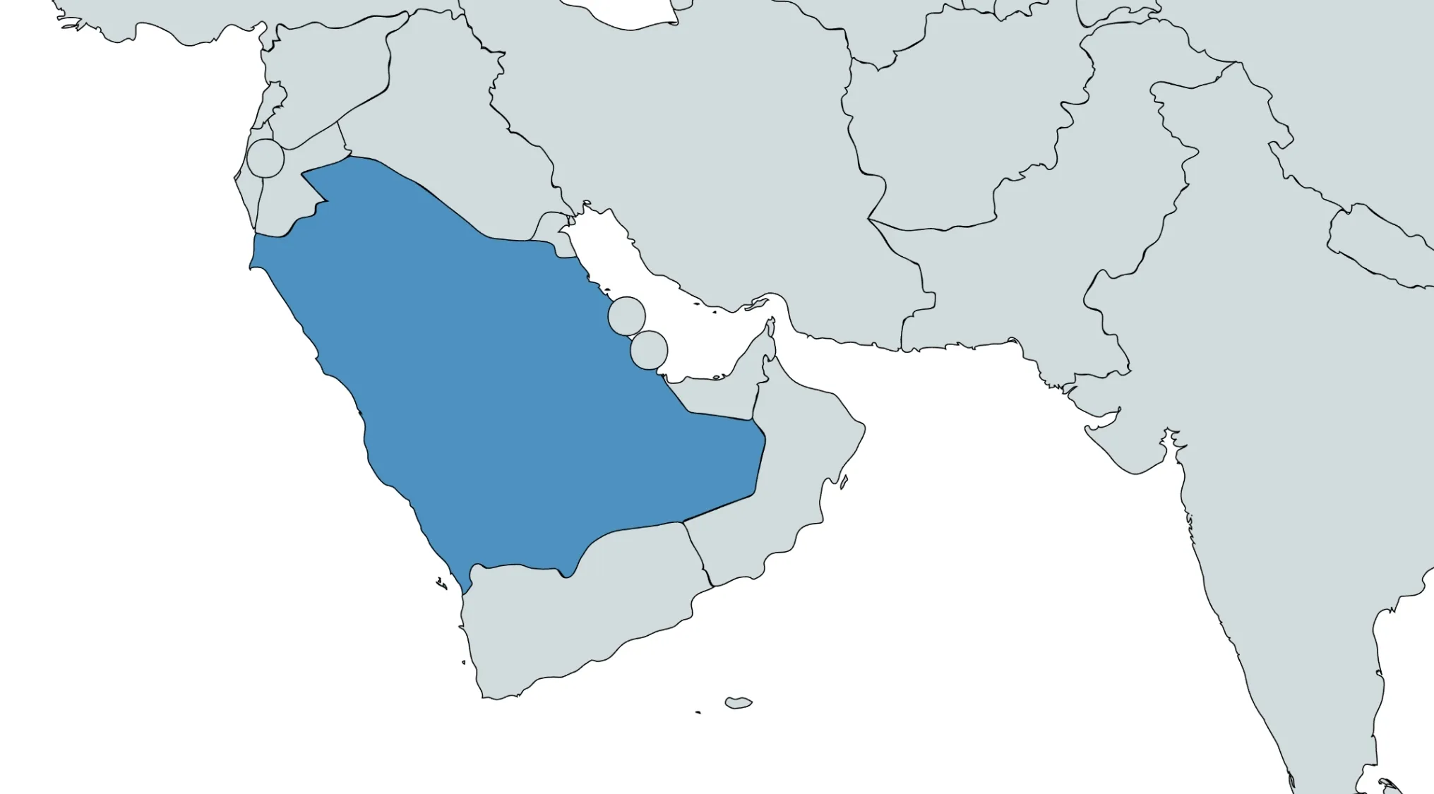 A map of the Arabian Peninsula with Saudi Arabia highlighted in blue, for a World Countries Quiz about geography.