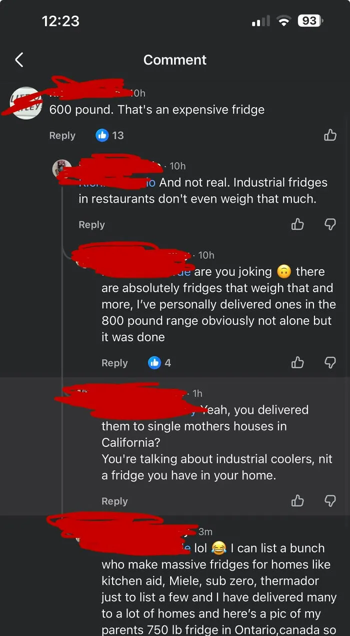 A social media conversation where know-it-alls are corrected about the weight of industrial fridges.