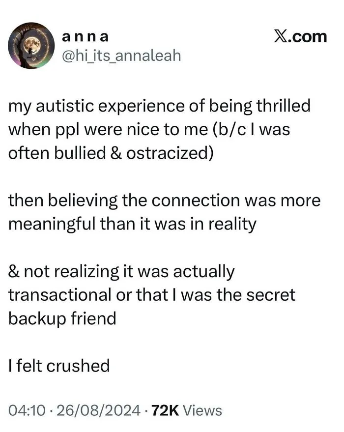 A social media post about the autistic experience of being misunderstood and feeling crushed by transactional connections.