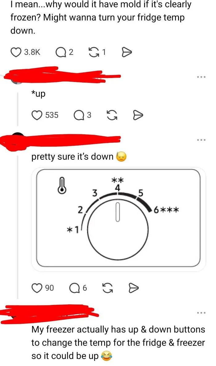 A know-it-all moment on social media where users debate the correct way to adjust a freezer's temperature.