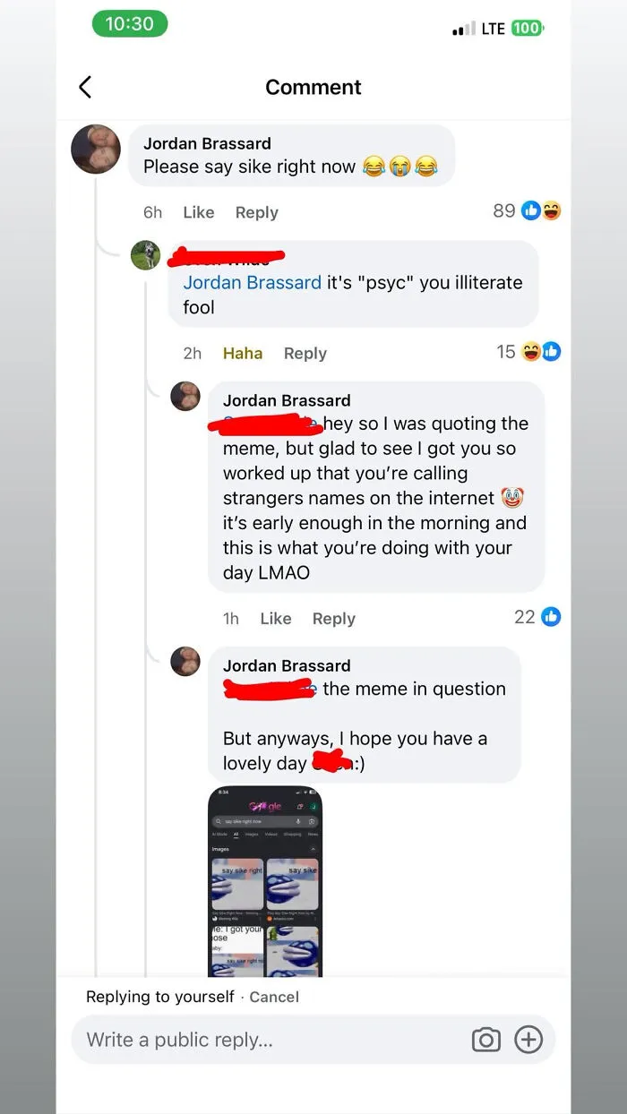 A social media comment where a know-it-all incorrectly corrects someone's spelling of sike to psyc.