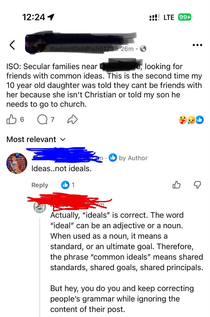 A Facebook post and comments, with a know-it-all correcting the use of the word ideals instead of ideas.