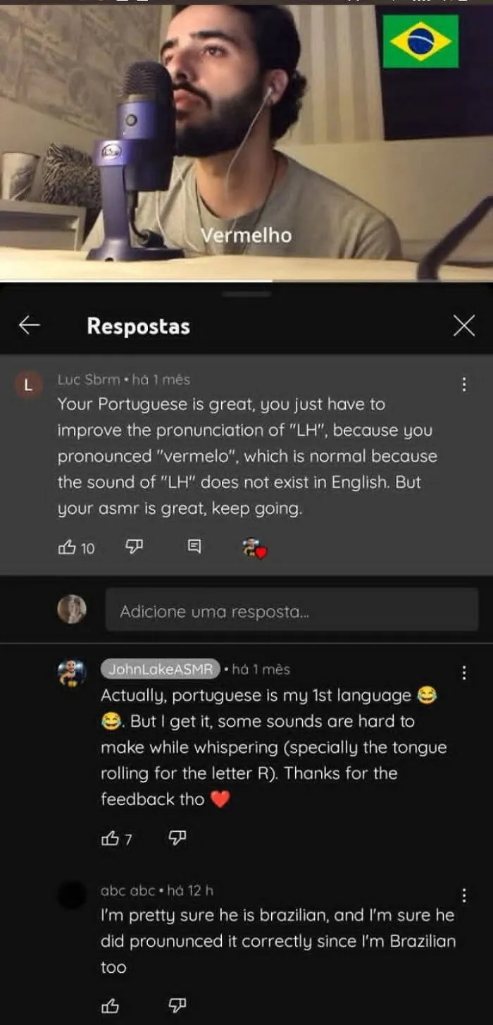 A YouTube screenshot shows a man talking into a microphone with know-it-alls in the comments debating his Portuguese pronunciation.
