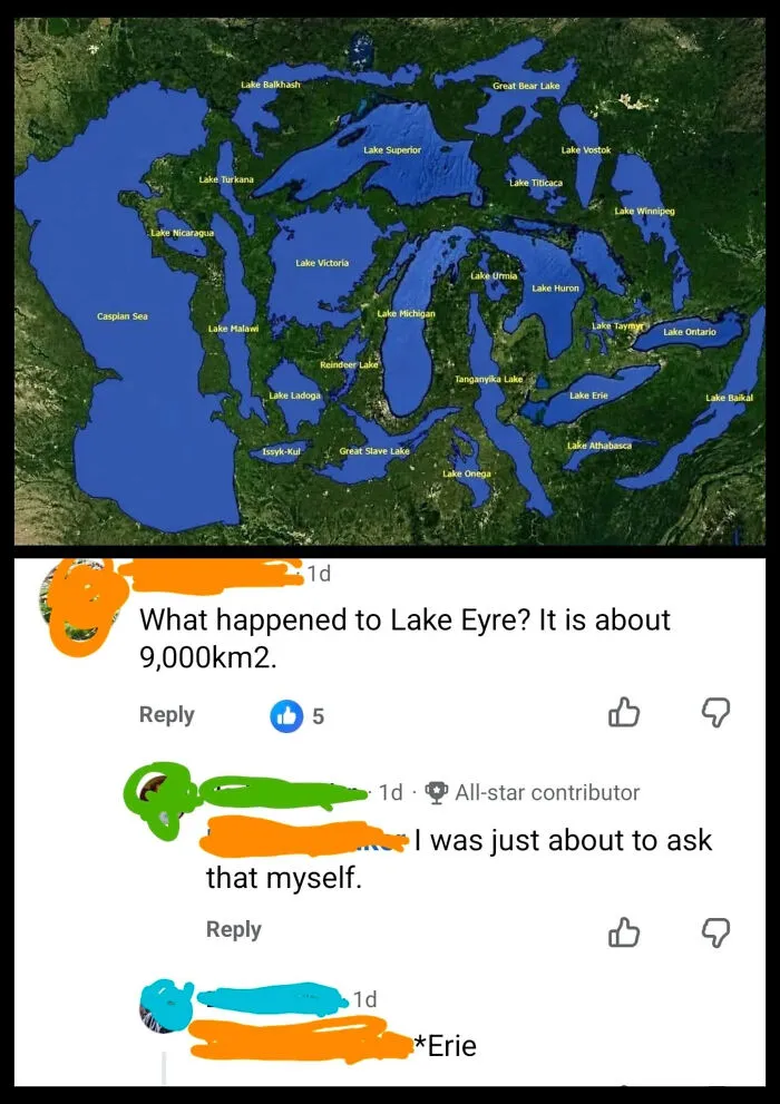 A funny know-it-all moment where a user asks about Lake Eyre on a map showing North American lakes.