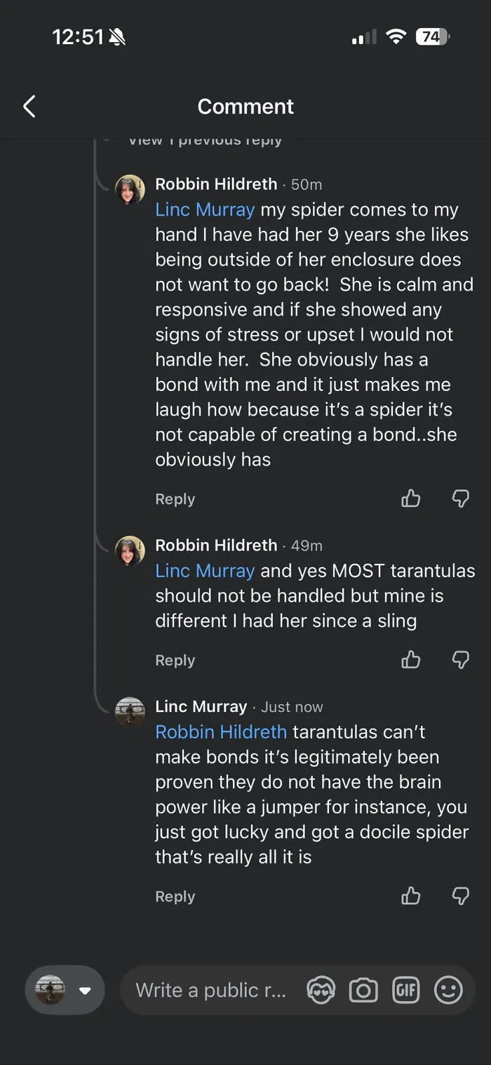 A Know-It-All corrects a user about tarantulas forming bonds, explaining it's luck not affection.