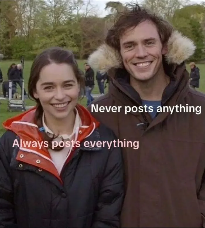 Emilia Clarke and Sam Claflin as a relatable meme about social media posting habits, hilarious memes.