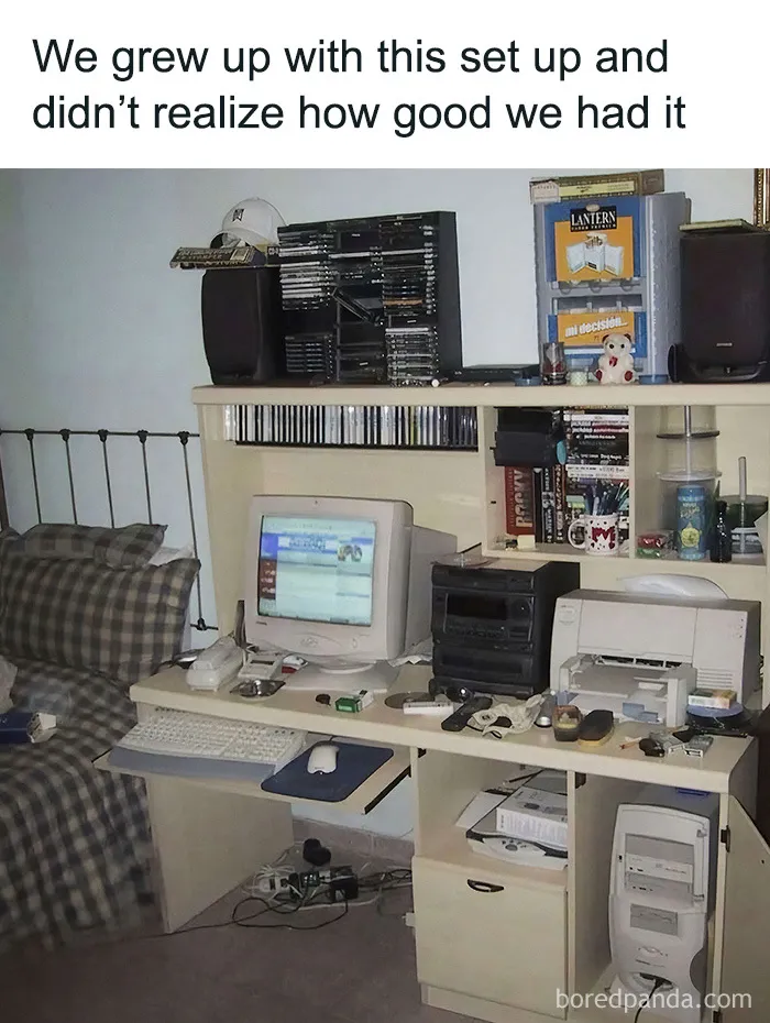 A bedroom with a vintage computer setup, creating a meme that only true '90s kids will understand.