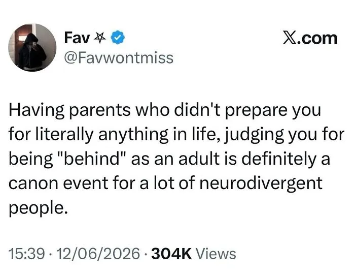 A social media post on X about autistic people feeling misunderstood due to unprepared parents and being judged.