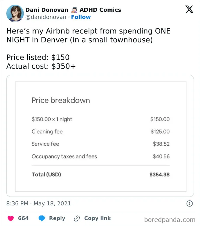 An Airbnb receipt showing a price breakdown with high cleaning, service, and occupancy fees, leading to Airbnb blunders.