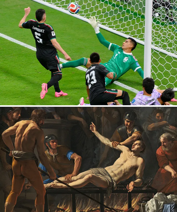 World Cup 2026: A football player kicking a ball into the goal, recreating a classical work of art.