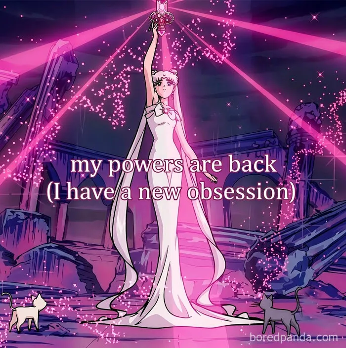 An anime woman in a white dress, holding a glowing scepter, surrounded by pink light and glitter, with two cats, reflecting funny posts about being a woman.
