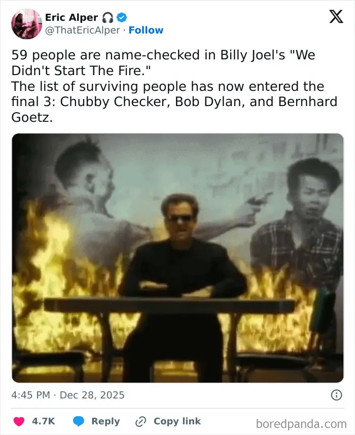 A man in sunglasses sitting at a table with flames around him and two ghostly figures behind, illustrating timeline facts.
