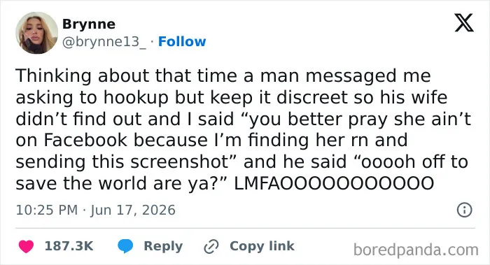 A tweet by Bryne about a man asking to hook up discreetly, illustrating funny people on Twitter.