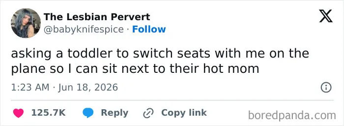A funny tweet from June about asking a toddler to switch seats, from a list of funny people on Twitter.