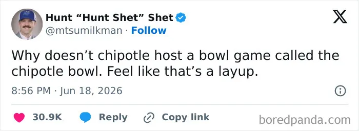 A screenshot of a funny tweet about Chipotle hosting a bowl game on Twitter.