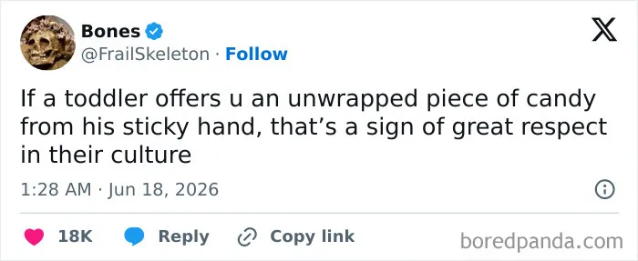 A screenshot of a funny tweet about toddlers offering candy as a sign of respect. Funnier people on Twitter.