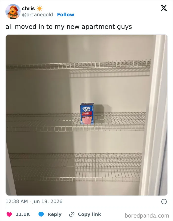 A screenshot of a funny tweet showing an empty apartment closet with one box of Pop-Tarts on Twitter.
