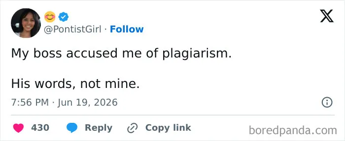 A tweet from @PontistGirl that reads, My boss accused me of plagiarism. His words, not mine, showcasing funny tweets.
