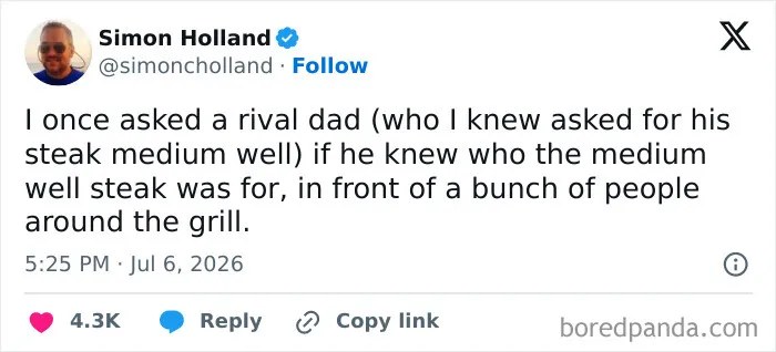 A meme about raising kids, displaying a tweet from Simon Holland about asking a rival dad a grilling question.