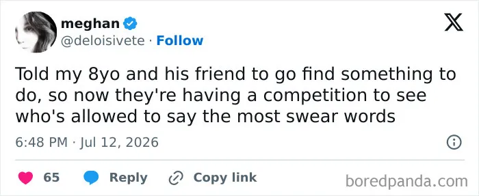 Funny meme about raising kids: Meghan tweet about her 8-year-old and friend having a swear word competition.