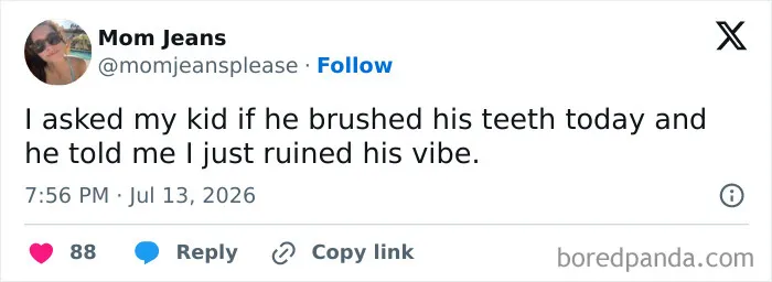 Meme about raising kids: a parent shares a funny exchange with their kid about brushing teeth.