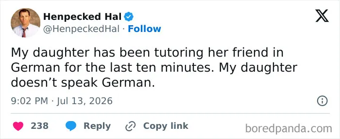 Meme about raising kids: a parent posts a humorous tweet about their daughter tutoring in German without knowing it.