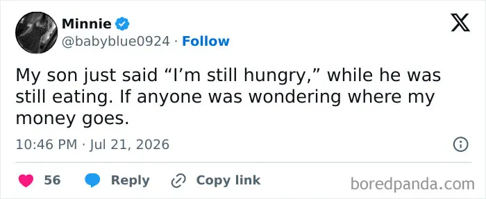 Funny meme about raising kids: A tweet about a son saying Im still hungry while eating.