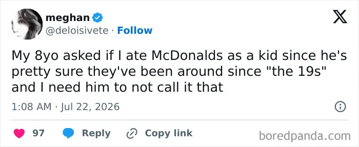 A funny meme about raising kids, showing a tweet from Meghan about her 8-year-old asking about McDonald's.