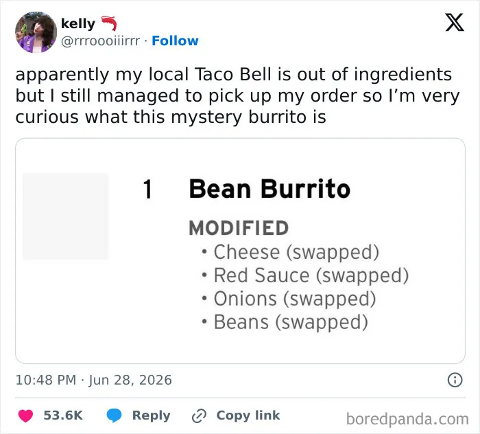 A funny tweet showing a Taco Bell order for a 'mystery burrito' with all ingredients swapped, featuring humor from people on Twitter.