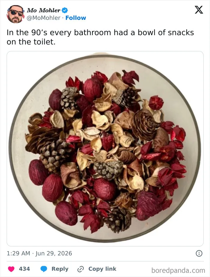 A close-up of potpourri in a bowl on a toilet, shared by Mo Mohler, who was one of the funnier people on Twitter in June.