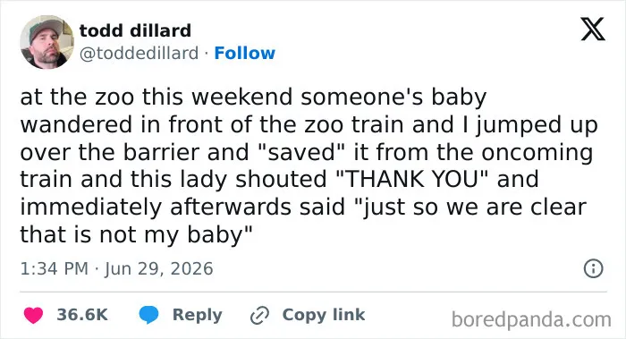 A funny tweet from Todd Dillard about saving a baby at the zoo, highlighting humor from people on Twitter.
