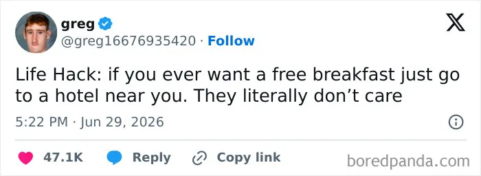 Humorous Twitter post from June with a life hack for free hotel breakfast.