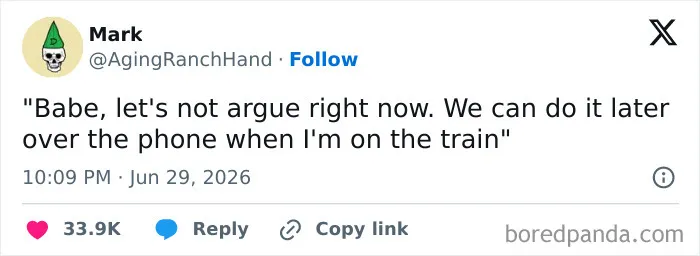 A screenshot of a funny tweet about arguing later over the phone on a train, showcasing funny people on Twitter.