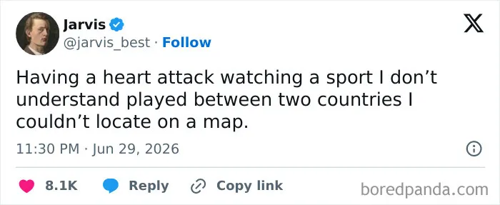 A screenshot of a funny tweet about having a heart attack watching a sport, showcasing funny people on Twitter.