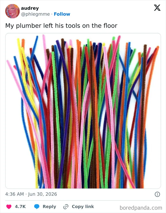 Screenshot of a funny tweet by audrey with an image of colorful pipe cleaners, humorously captioned as plumber's tools.