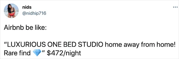 A tweet mockingly showing an overpriced Airbnb listing, highlighting Airbnb blunders and luxurious claims.