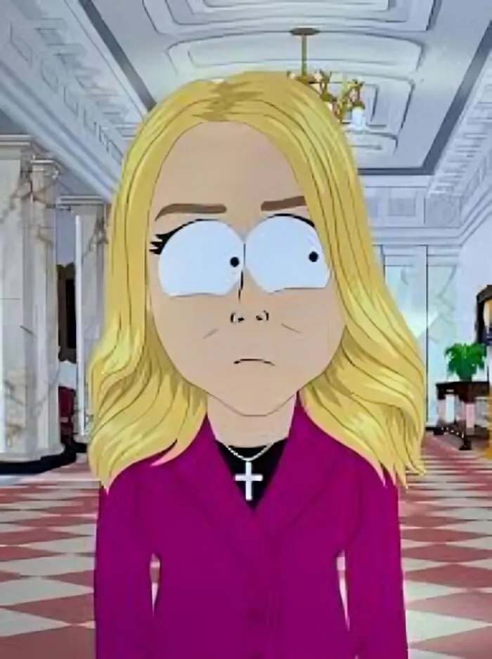 A South Park style cartoon woman with blonde hair, wearing a purple top and a cross necklace, looking confused with wide eyes, offering new pics for history timeline facts.