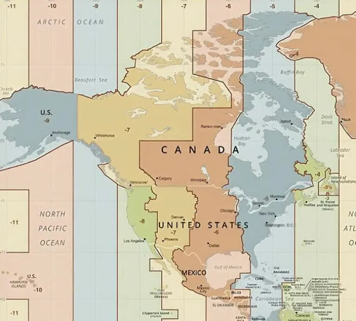 A detailed map illustrating the different time zones across North America, showcasing cool geography.