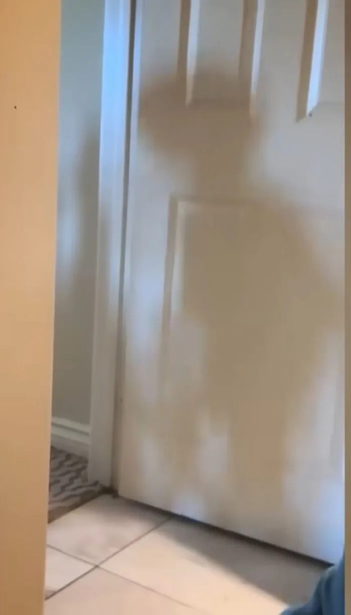A shadow of a figure visible on a door, an unexplained occurrence from one of the ghostly videos.