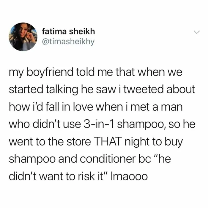 A wholesome tweet about someone having their back online, where a boyfriend buys shampoo to impress.