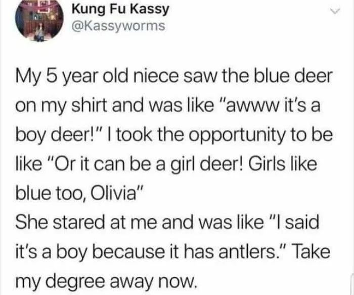 A screenshot of a tweet about a niece correcting the gender of a deer based on antlers, showing wholesome people.