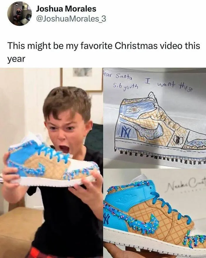 A boy excitedly holds a custom shoe that matches a drawing, showing someone else had his back in the best way.
