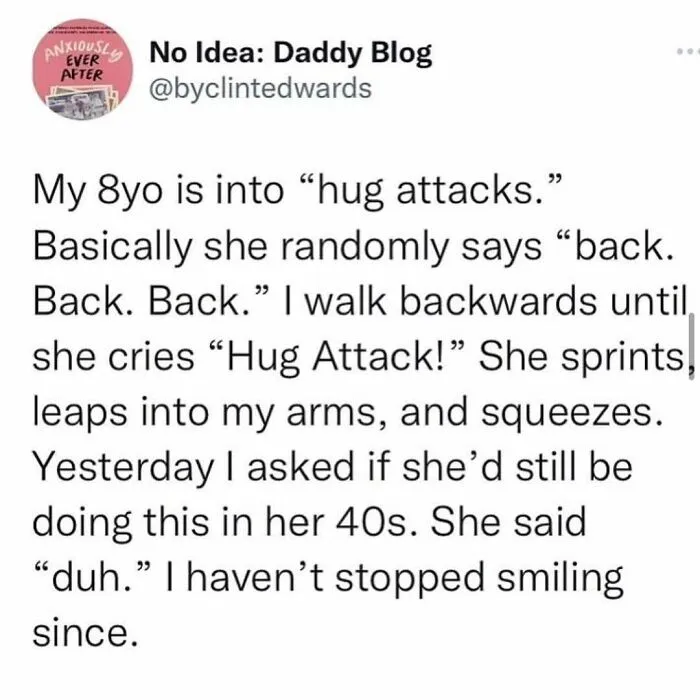 Screenshot of a tweet about wholesome people with their child doing hug attacks, having someone else's back.