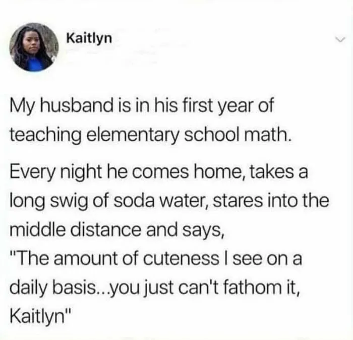 A tweet from Kaitlyn about her husband's wholesome experience teaching elementary school math.
