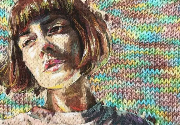 Modern art portrait of a woman with short hair, blending traditional knitting into a vibrant background.