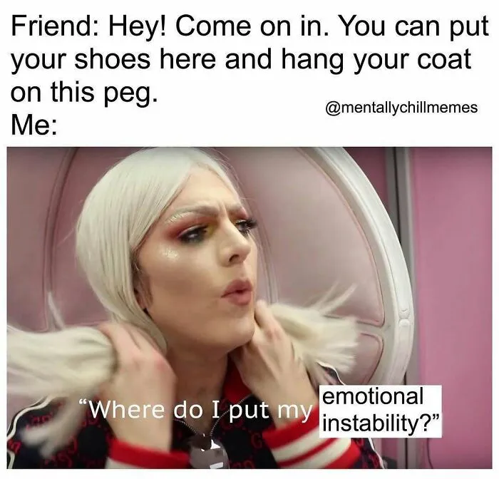 A meme showing a person wondering where to put their emotional instability, depicting mentally struggling emotions.