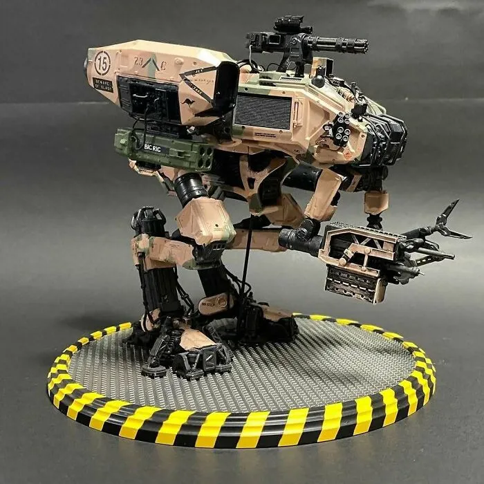 A futuristic military mech 3D printing, intricately detailed and an amazing creation by a fan.