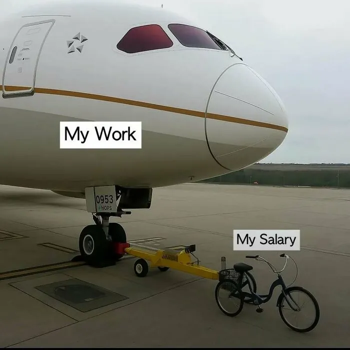 A meme comparing work (a huge airplane) and salary (a tiny bicycle) with text overlay My Work and My Salary. Relatable memes.